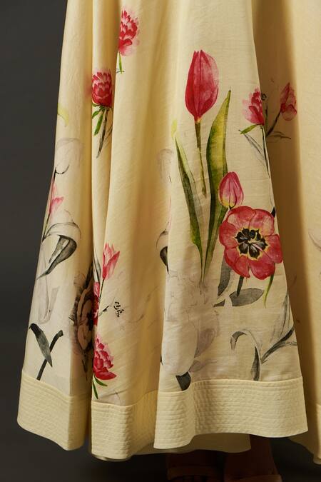 Buy_Rohit Bal Designs Pvt Ltd_Yellow Chanderi, And Lining Floral Keyhole Print Anarkali Set _Online_at_Aza_Fashions