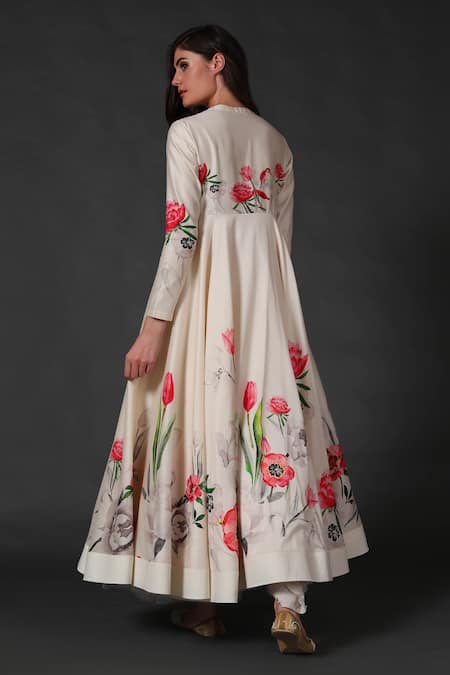 Shop_Balance By Rohit Bal_White Chanderi Bird, Floral Keyhole Printed Flared Anarkali Pant Set _at_Aza_Fashions