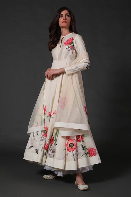 Balance By Rohit Bal_White Chanderi Bird, Floral Keyhole Printed Flared Anarkali Pant Set _Online_at_Aza_Fashions
