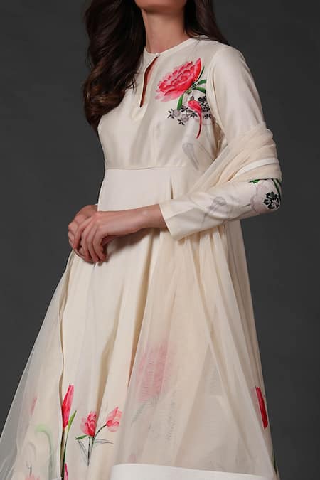 Buy_Balance By Rohit Bal_White Chanderi Bird, Floral Keyhole Printed Flared Anarkali Pant Set _Online_at_Aza_Fashions