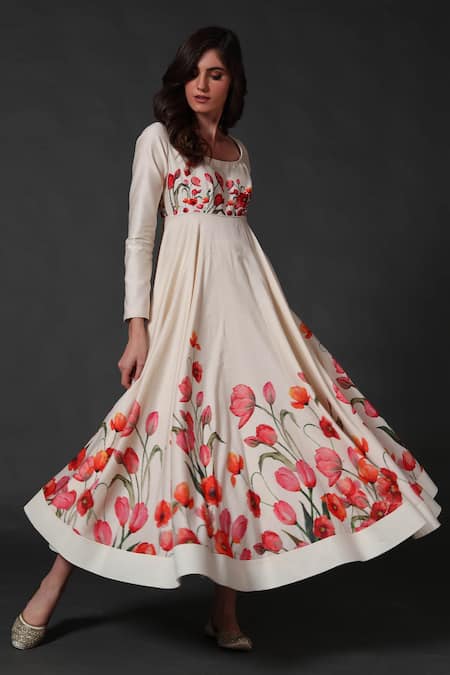 Balance By Rohit Bal_White Chanderi Floral Square Neck Print Anarkali Set _Online_at_Aza_Fashions