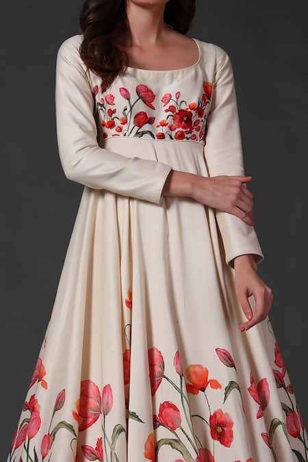 Buy_Balance By Rohit Bal_White Chanderi Floral Square Neck Print Anarkali Set _Online_at_Aza_Fashions