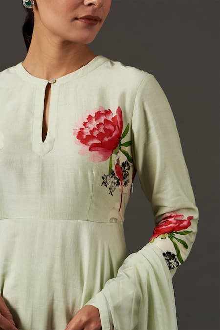 Buy_Balance By Rohit Bal_Green , Chanderi, Net And Lining Floral Keyhole Print Anarkali Set _Online_at_Aza_Fashions