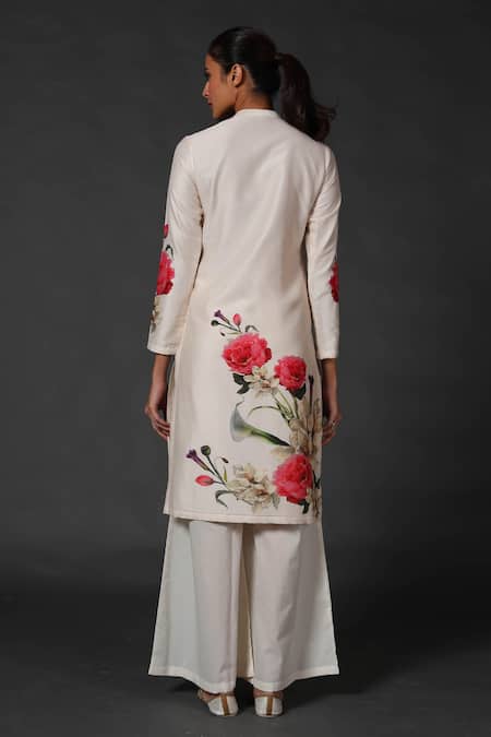 Shop Balance By Rohit Bal White Chanderi Floral Mandarin Collar Printed Kurta And Palazzo Set at Aza Fashions Shop_Balance By Rohit Bal_White Chanderi Floral Mandarin Collar Printed Kurta And Palazzo Set _at_Aza_Fashions