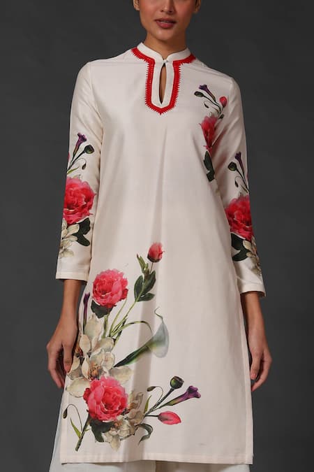 Balance By Rohit Bal White Chanderi Floral Mandarin Collar Printed Kurta And Palazzo Set Online at Aza Fashions Balance By Rohit Bal_White Chanderi Floral Mandarin Collar Printed Kurta And Palazzo Set _Online_at_Aza_Fashions