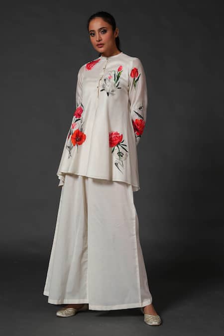 Balance By Rohit Bal White Chanderi Floral Mandarin Collar Printed Tunic And Palazzo Set 