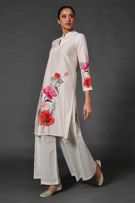 Balance By Rohit Bal White Chanderi Floral Mandarin Collar Print Tunic And Palazzo Set Online at Aza Fashions Balance By Rohit Bal_White Chanderi Floral Mandarin Collar Print Tunic And Palazzo Set _Online_at_Aza_Fashions