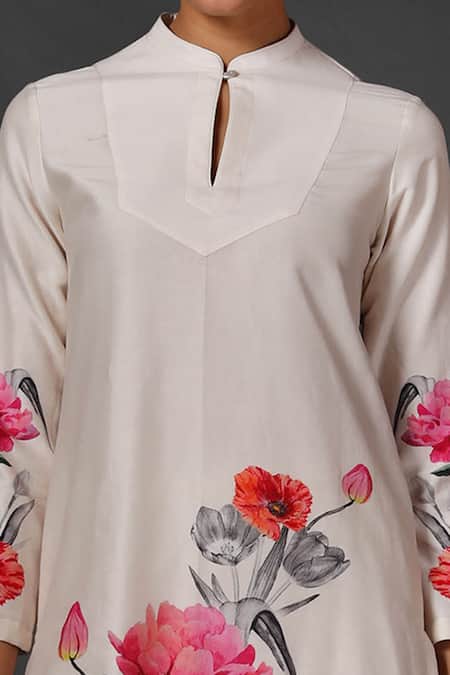 Buy Balance By Rohit Bal White Chanderi Floral Mandarin Collar Print Tunic And Palazzo Set Online at Aza Fashions Buy_Balance By Rohit Bal_White Chanderi Floral Mandarin Collar Print Tunic And Palazzo Set _Online_at_Aza_Fashions