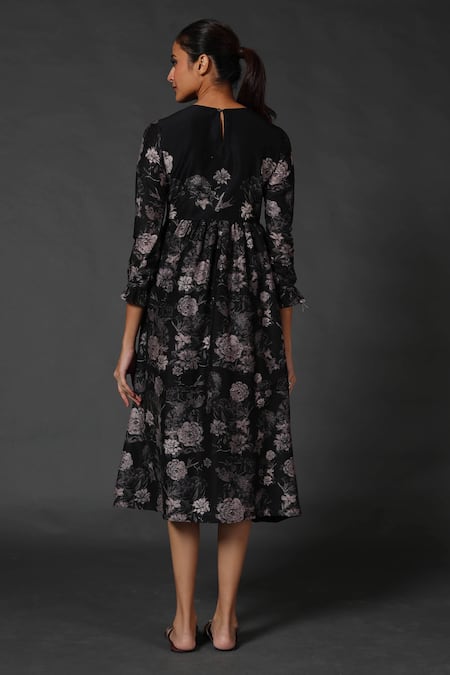 Shop Balance By Rohit Bal Black Chanderi Floral Round Print Dress at Aza Fashions Shop_Balance By Rohit Bal_Black Chanderi Floral Round Print Dress _at_Aza_Fashions