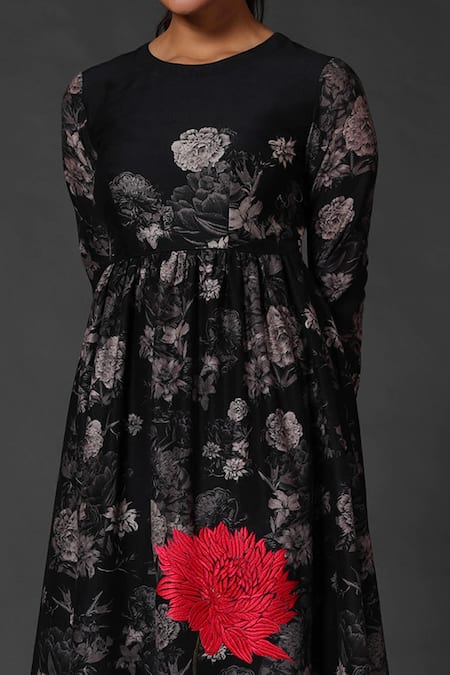 Balance By Rohit Bal Black Chanderi Floral Round Print Dress Online at Aza Fashions Balance By Rohit Bal_Black Chanderi Floral Round Print Dress _Online_at_Aza_Fashions