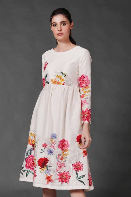 Balance by Rohit Bal_White Chanderi Floral Round Print Dress _Online_at_Aza_Fashions