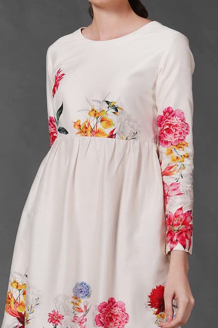Buy_Balance by Rohit Bal_White Chanderi Floral Round Print Dress _Online_at_Aza_Fashions