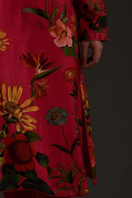 Balance By Rohit Bal_Pink Cotton, Chanderi Floral Mandarin Collar Print Kurta Set _Online_at_Aza_Fashions