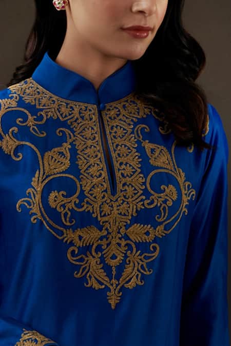 Balance By Rohit Bal_Blue Cotton, Chanderi Floral Mandarin Collar Embroidered Kurta Set _Online_at_Aza_Fashions