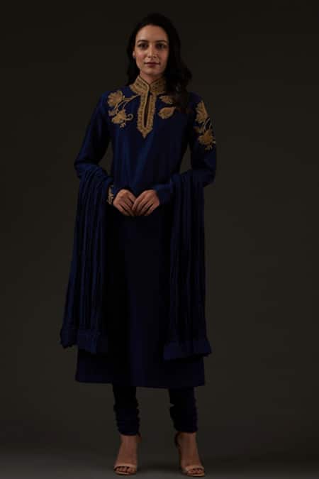 Balance By Rohit Bal Blue Cotton, Chanderi Floral Mandarin Collar Embroidered Kurta Set 