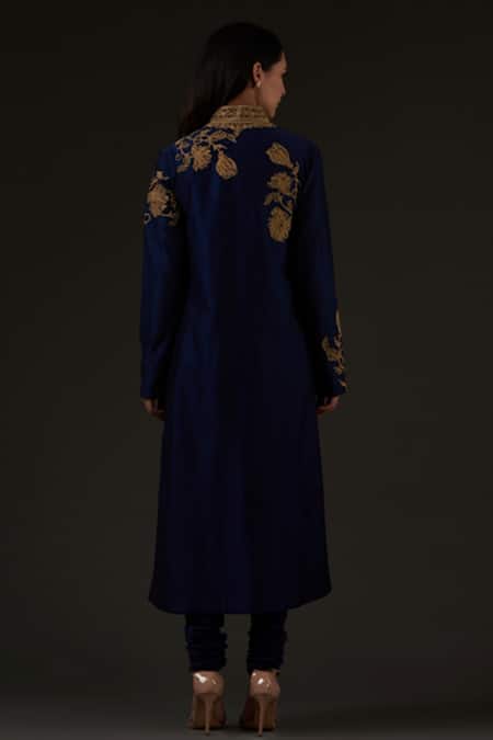 Shop_Balance By Rohit Bal_Blue Cotton, Chanderi Floral Mandarin Collar Embroidered Kurta Set _at_Aza_Fashions