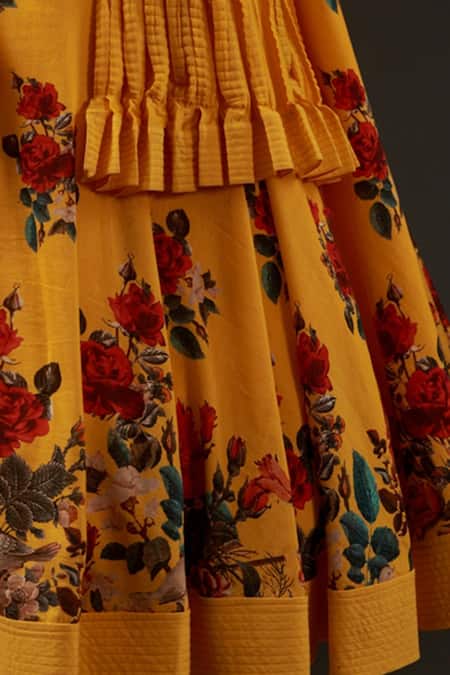 Rohit Bal Designs Pvt Ltd_Yellow Cotton, Chanderi Floral Scoop Neck Print Anarkali Set _Online_at_Aza_Fashions