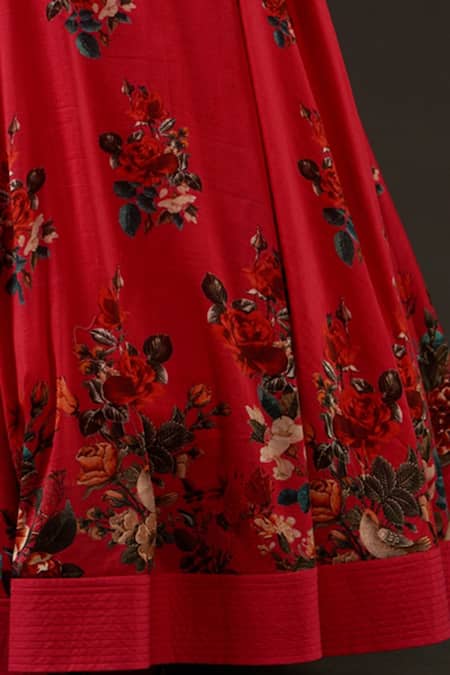 Balance By Rohit Bal_Red Cotton, Chanderi Floral Scoop Neck Print Anarkali Set _Online_at_Aza_Fashions