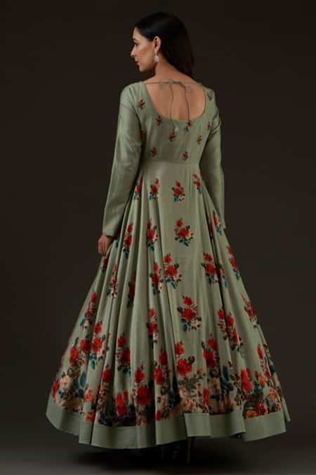 Shop_Balance By Rohit Bal_Green Cotton, Chanderi Floral Scoop Neck Print Anarkali Set _at_Aza_Fashions