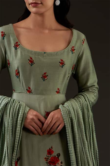 Balance By Rohit Bal_Green Cotton, Chanderi Floral Scoop Neck Print Anarkali Set _Online_at_Aza_Fashions
