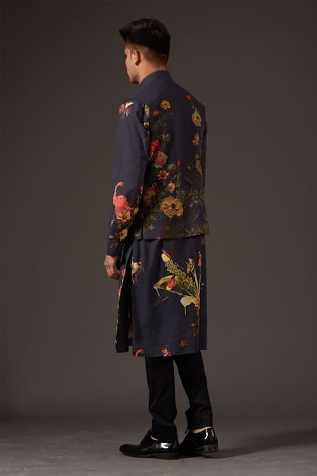 Shop_Balance by Rohit Bal_Black Linen Printed Floral Bundi _at_Aza_Fashions