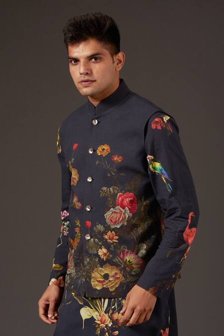 Balance by Rohit Bal_Black Linen Printed Floral Bundi _Online_at_Aza_Fashions