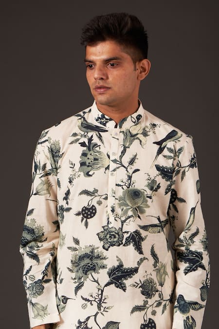 Balance By Rohit Bal_White Cotton Bird, Floral Print Kurta Set _Online_at_Aza_Fashions