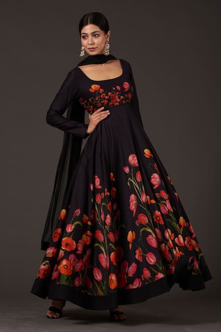 Balance By Rohit Bal Black Chanderi Floral Square Neck Print Anarkali Set Online at Aza Fashions Balance By Rohit Bal_Black Chanderi Floral Square Neck Print Anarkali Set _Online_at_Aza_Fashions