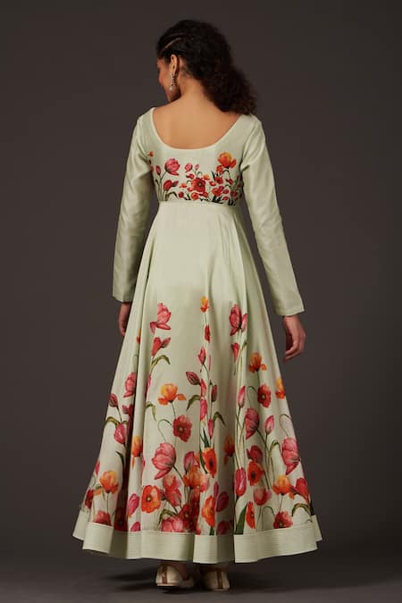 Shop Balance By Rohit Bal Green Chanderi Floral Square Neck Print Anarkali Set at Aza Fashions Shop_Balance By Rohit Bal_Green Chanderi Floral Square Neck Print Anarkali Set _at_Aza_Fashions