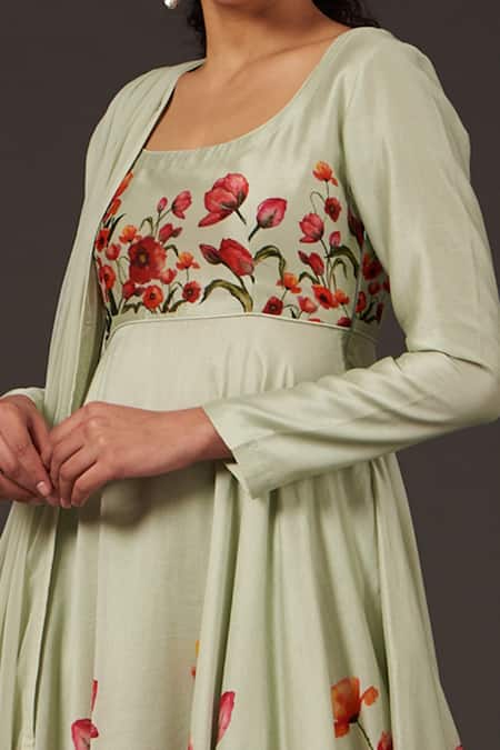 Balance By Rohit Bal Green Chanderi Floral Square Neck Print Anarkali Set Online at Aza Fashions Balance By Rohit Bal_Green Chanderi Floral Square Neck Print Anarkali Set _Online_at_Aza_Fashions