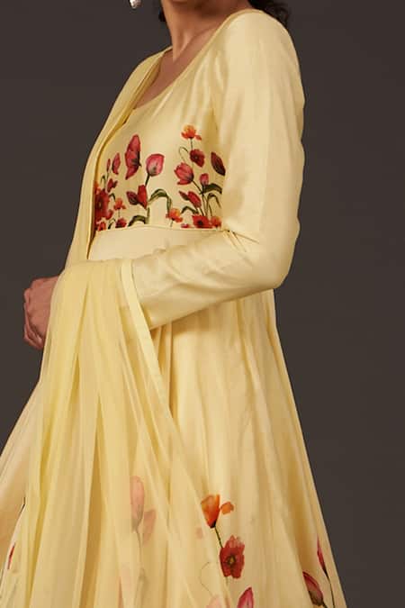 Balance By Rohit Bal_Yellow Chanderi Floral Round Print Anarkali Set _Online_at_Aza_Fashions