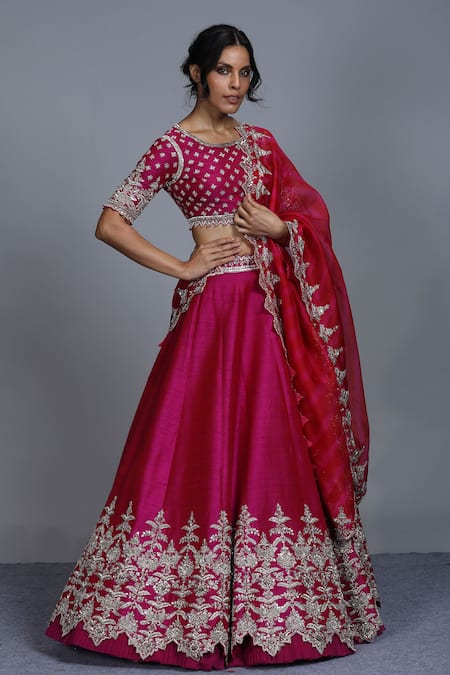 Anushree Reddy Pink Raw Silk Round Floral Embroidered Bridal Lehenga Set 