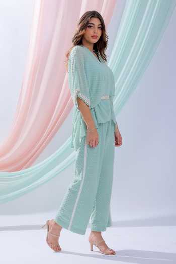 Blush And M_Green Georgette Kimono Style Top And Pant Set_Online_at_Aza_Fashions