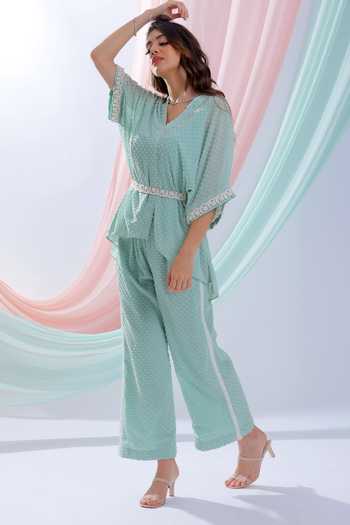 Buy_Blush And M_Green Georgette Kimono Style Top And Pant Set_Online_at_Aza_Fashions