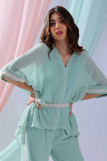 Shop_Blush And M_Green Georgette Kimono Style Top And Pant Set_Online_at_Aza_Fashions