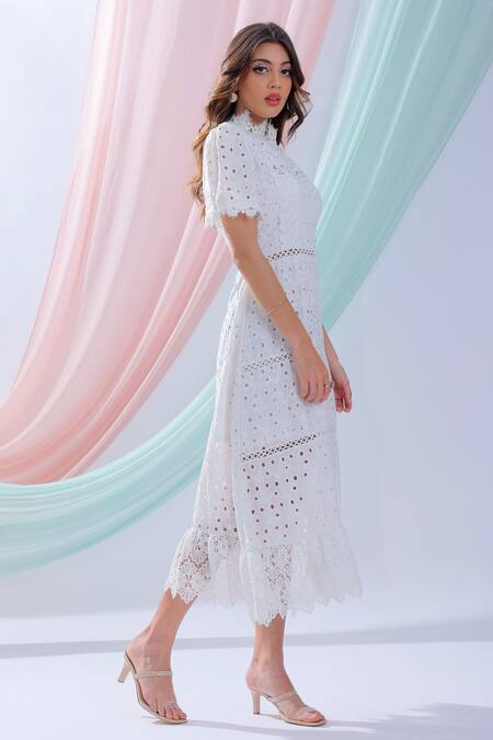 Blush And M_White Cotton Floral Cutwork Dress_Online_at_Aza_Fashions