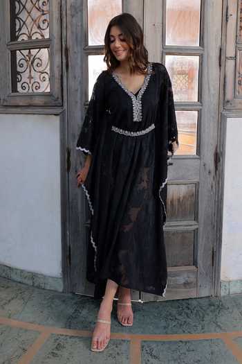 Blush And M_Black Jacquard Floral Woven Kaftan With Belt_Online_at_Aza_Fashions