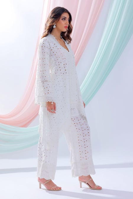 Blush And M_White Cotton Cutwork Kurta And Pant Set_Online_at_Aza_Fashions