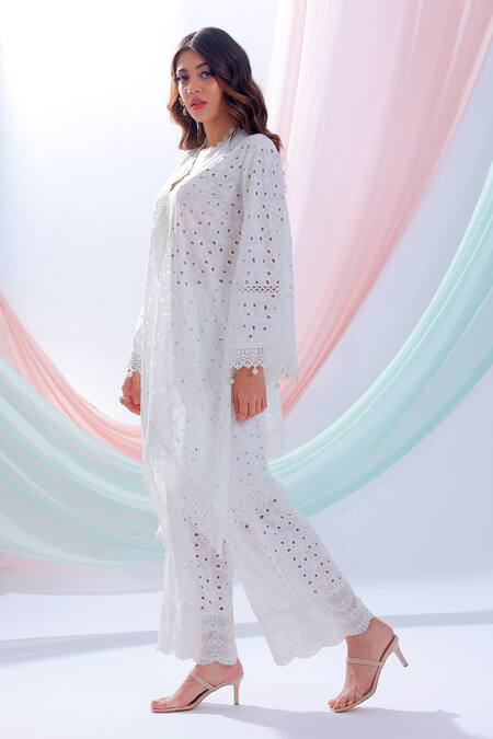 Buy_Blush And M_White Cotton Cutwork Kurta And Pant Set_Online_at_Aza_Fashions