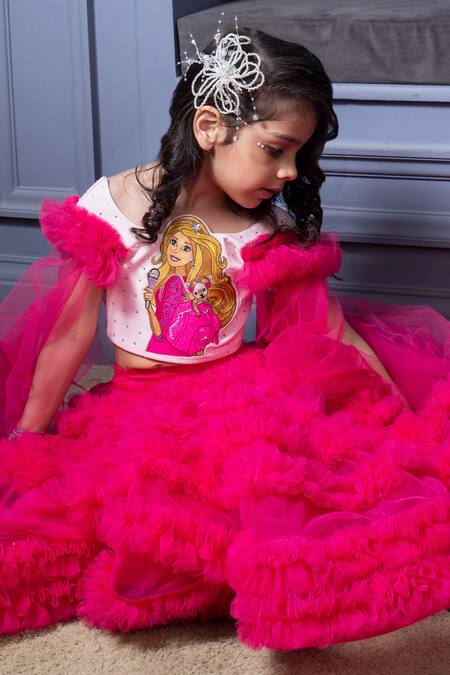 Hoity Moppet_Fuchsia Crepe, Tulle, Satin Stones Barbie Pattern Top And Lehenga Set _Online_at_Aza_Fashions