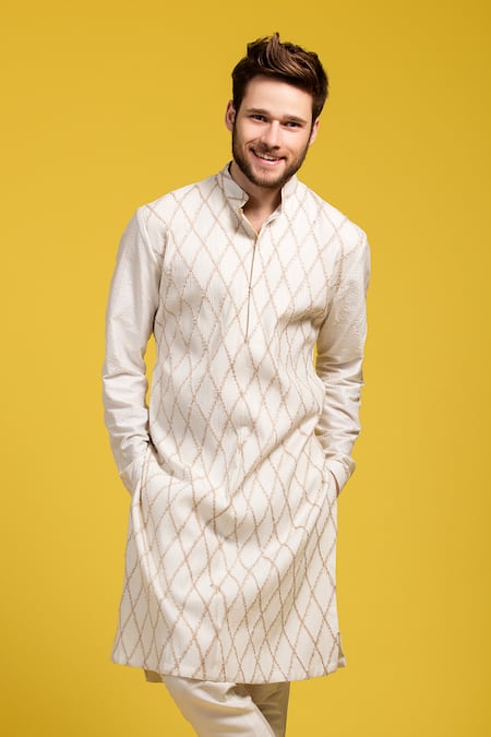 Buy_Seven_Beige Cotton Silk Pintuck Kurta Set _Online_at_Aza_Fashions
