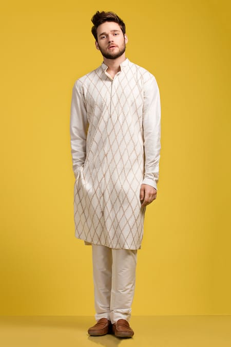 Shop_Seven_Beige Cotton Silk Pintuck Kurta Set _at_Aza_Fashions