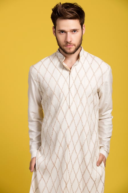 Shop_Seven_Beige Cotton Silk Pintuck Kurta Set _Online_at_Aza_Fashions