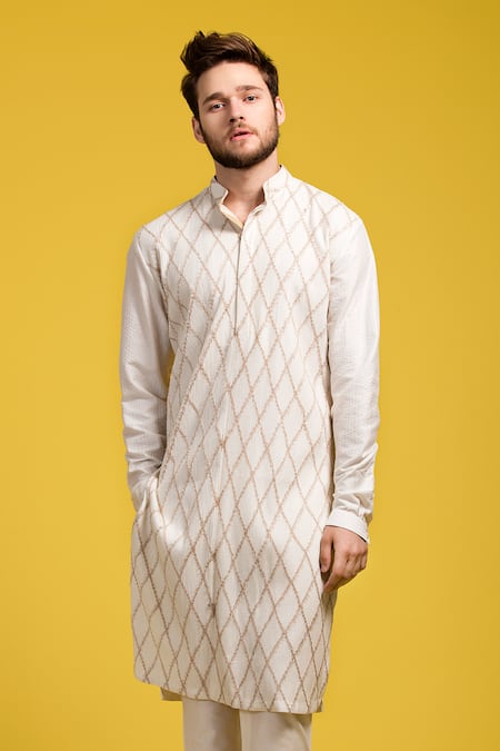 Seven_Beige Cotton Silk Pintuck Kurta Set _at_Aza_Fashions