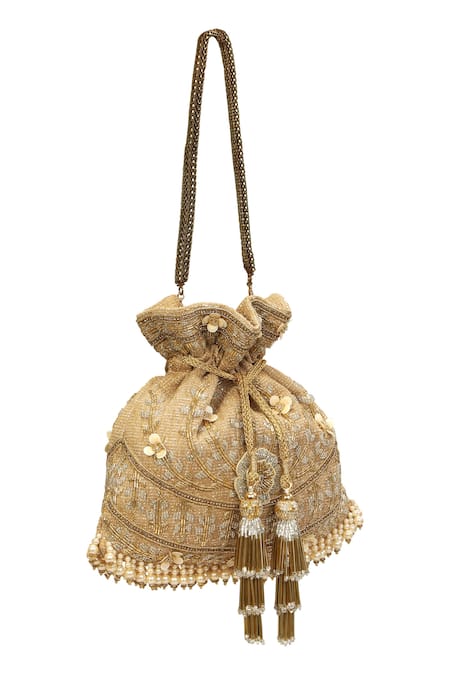 Fuchsia by aashaka mehta_Gold Embroidery Aurelia Geometric Potli_Online_at_Aza_Fashions