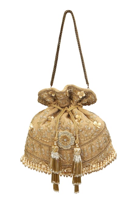 Buy_Fuchsia by aashaka mehta_Gold Embroidery Aurelia Geometric Potli_Online_at_Aza_Fashions