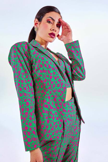 Shop_Fuga_Multi Color Twill, Satin Embroidery Retro Floral Print Blazer Pant Set _at_Aza_Fashions