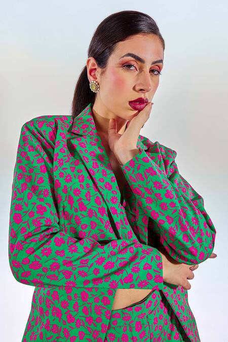 Buy_Fuga_Multi Color Twill, Satin Embroidery Retro Floral Print Blazer Pant Set _Online_at_Aza_Fashions