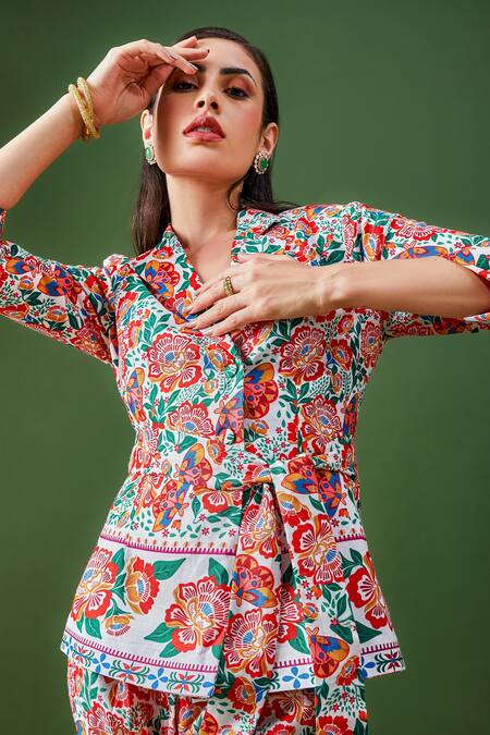 Buy_Fuga_Multi Color Cotton Embroidery Vanilla Blush Flower Print Blazer And Pant Set_Online_at_Aza_Fashions