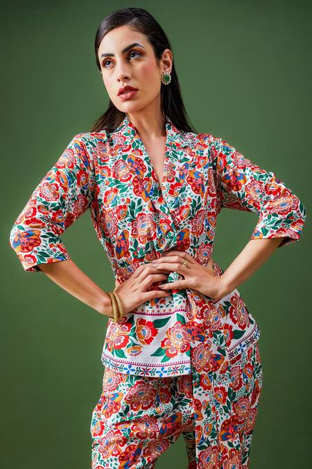 Shop_Fuga_Multi Color Cotton Embroidery Vanilla Blush Flower Print Blazer And Pant Set_Online_at_Aza_Fashions